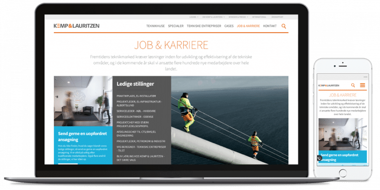 Kemp&Lauritzens job karriere side på mobil og desktop version