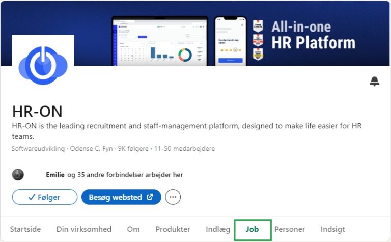 HR-ONs virksomhedsside på LinkedIn med fanebladet Job som fremhævet